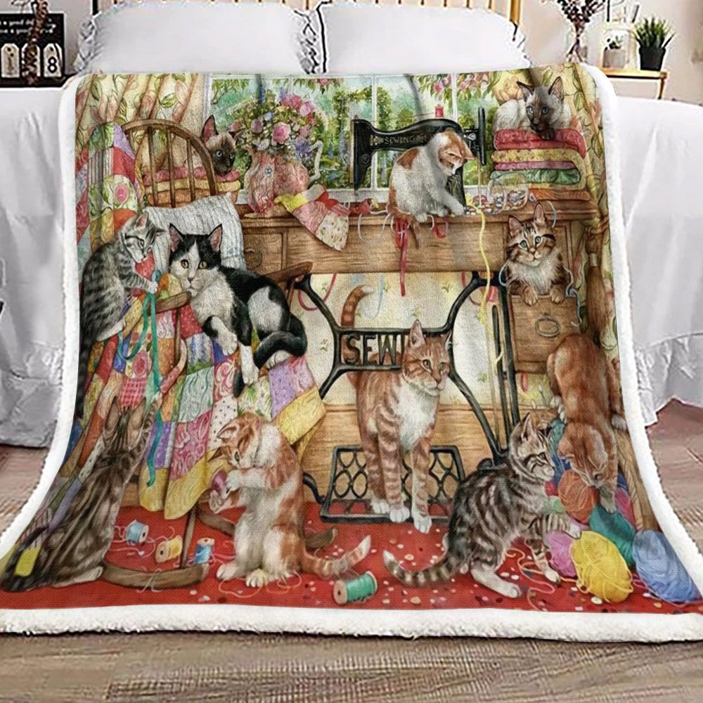 Sewing Bird Cat Flower Sherpa Fleece Blanket