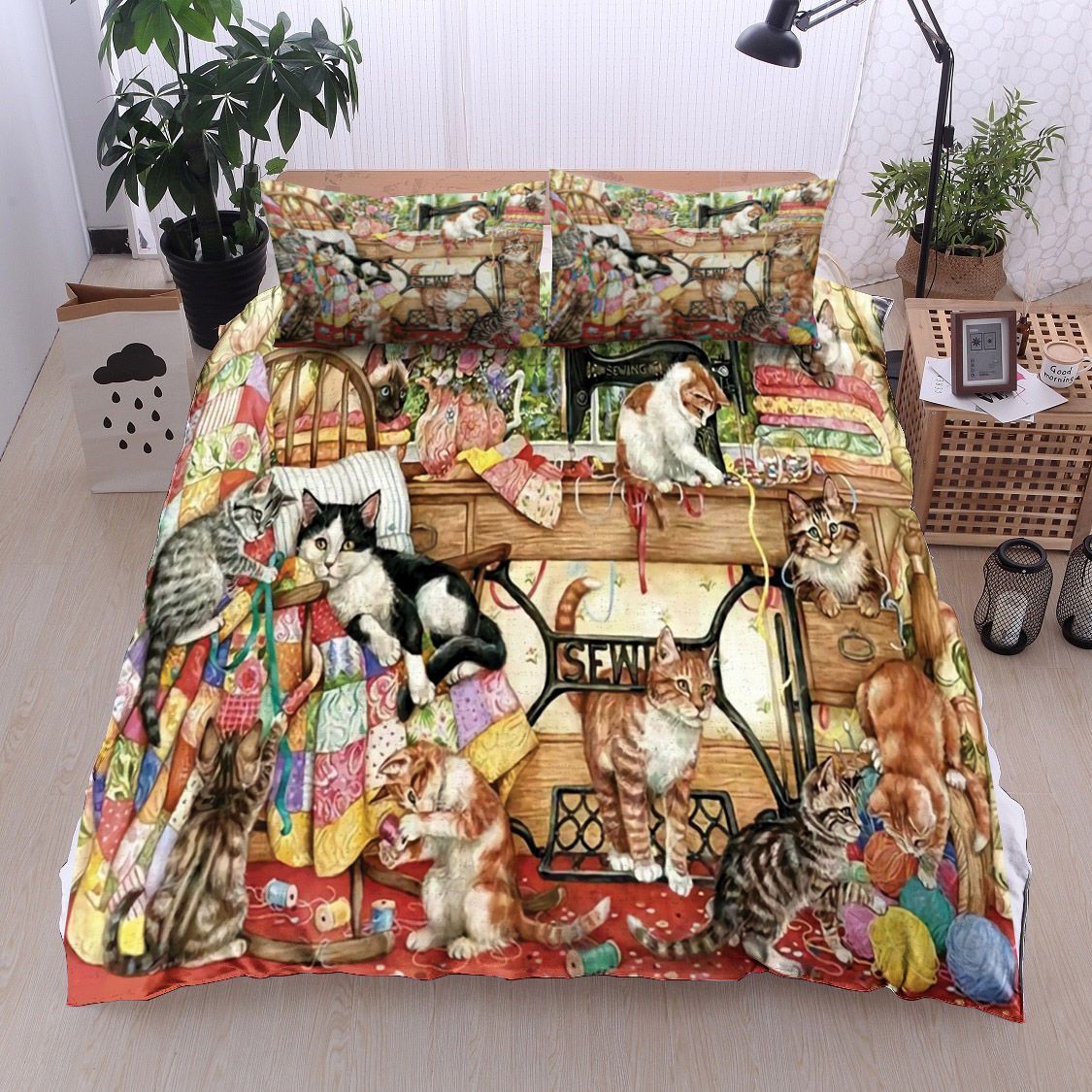 Sewing Bird Cat Flower Bedding Set