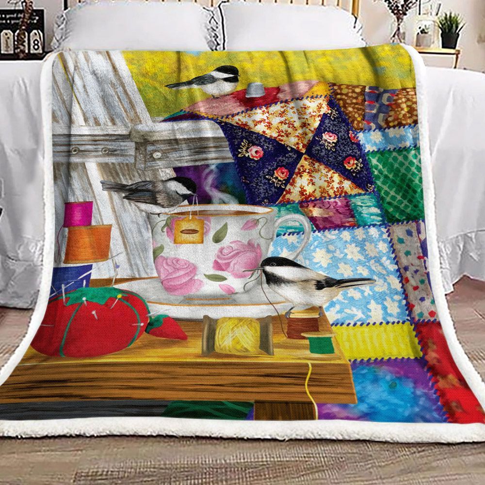 Sewing Bird Tea Quilt Sherpa Fleece Blanket