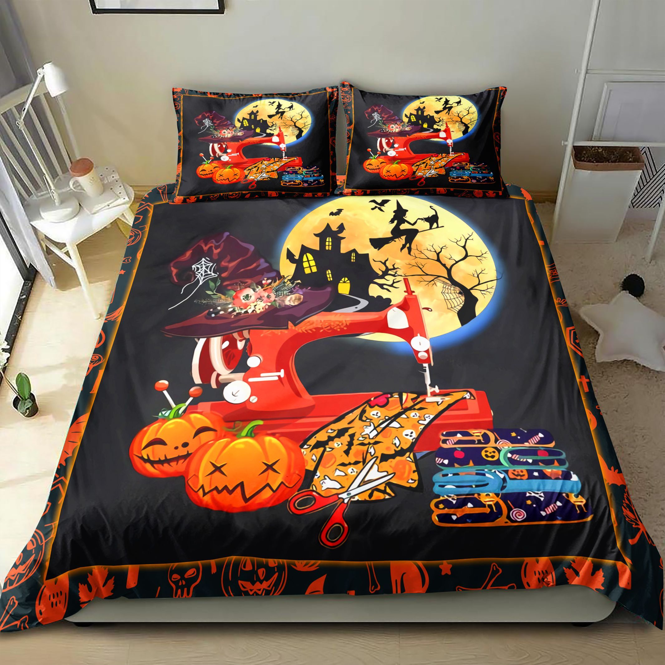 Sewing Machine Witch Moon Halloween Bedding Set