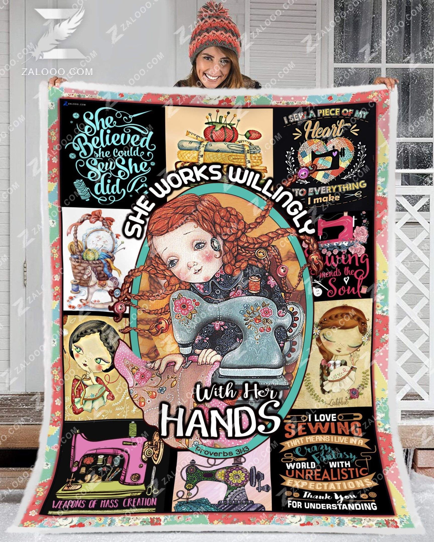 Sewing She Works Willingly With Her Hands Sherpa Fleece Blanket