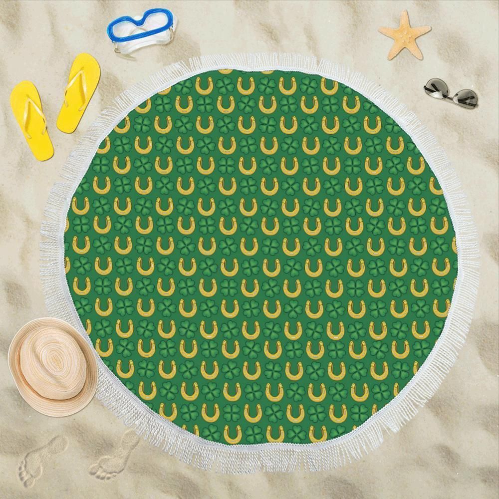 Shamrock Horseshoes Print Pattern Round Beach Towel
