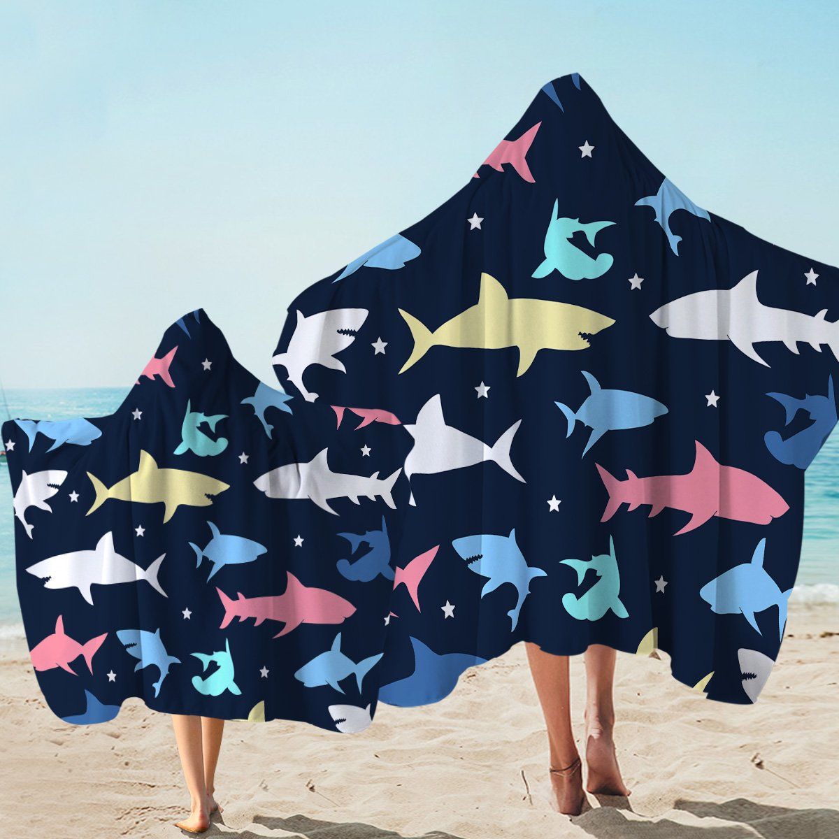 Shark Shadows Dark Blue Pattern Printed Hooded Towel