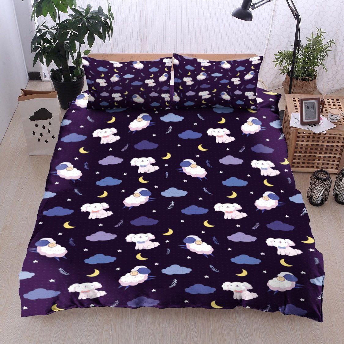 Sheep And Dog Are Flying With The Moon Bedding Set