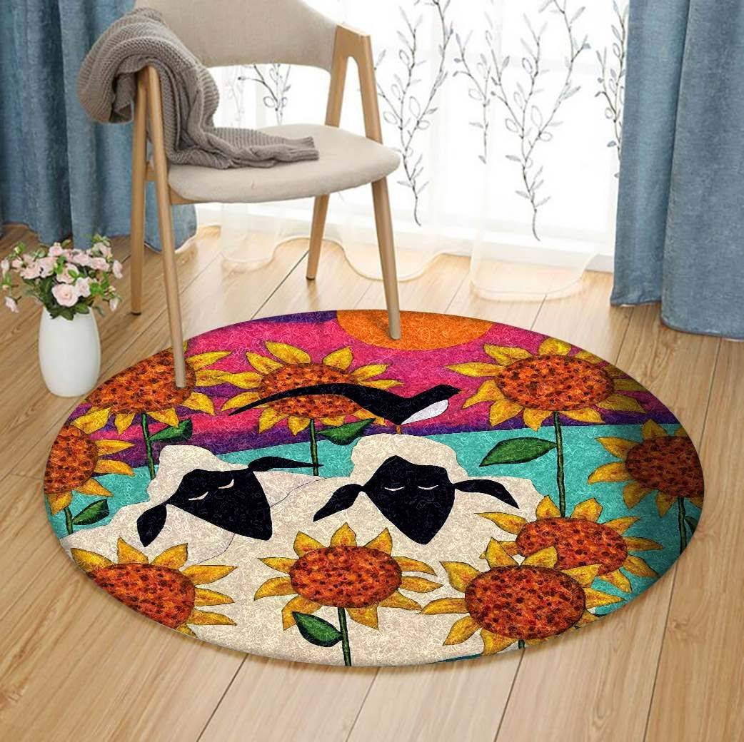 Sheep And Sunflower Round Carpet