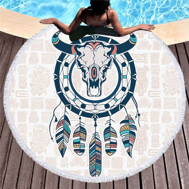 Sheep Skull Dream Catcher Round Beach Towel