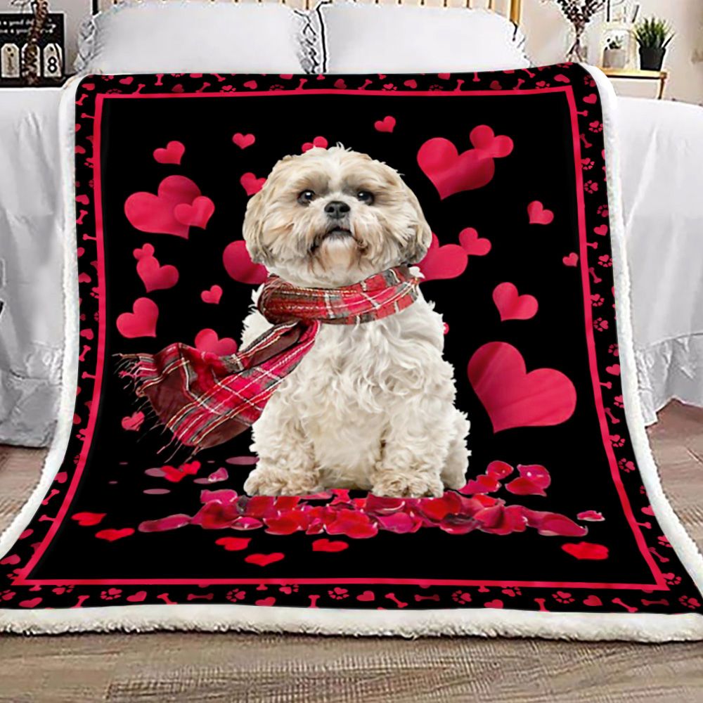 Shih Tzu Flying Hearts Fleece Blanket