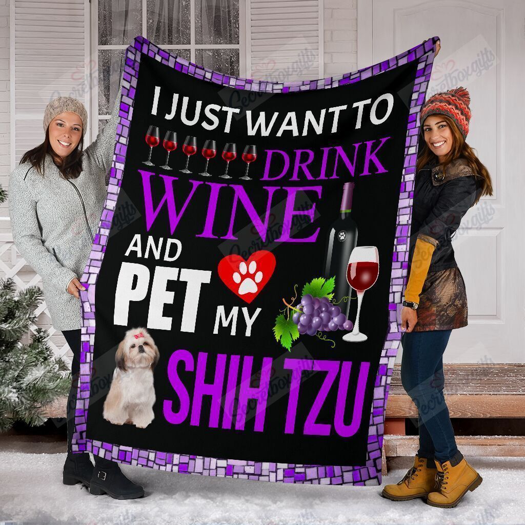 Shih Tzu I Just Want To Drink Wine Purple Fleece Blanket