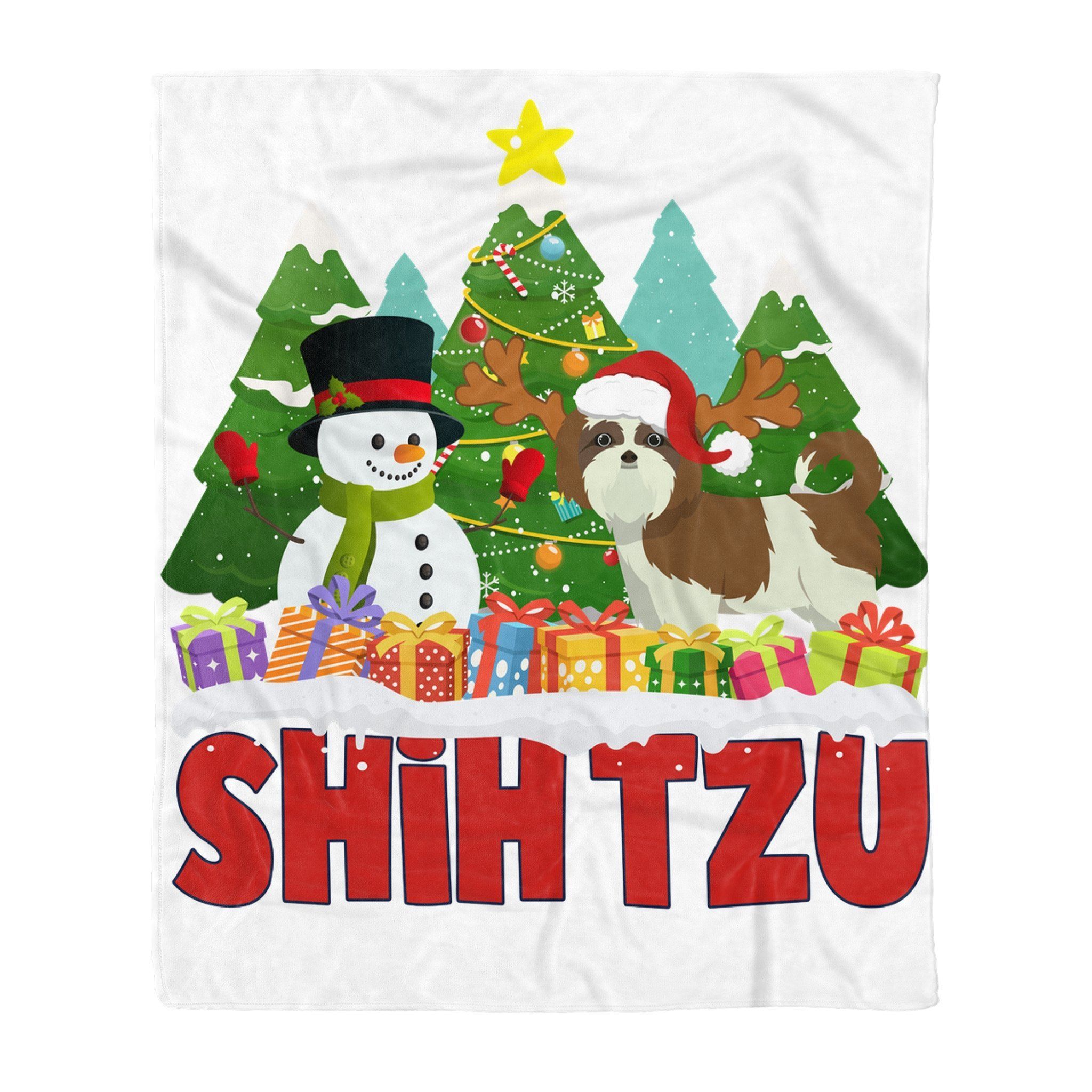Shihtzu Snowman Christmas Tree Sherpa Fleece Blanket
