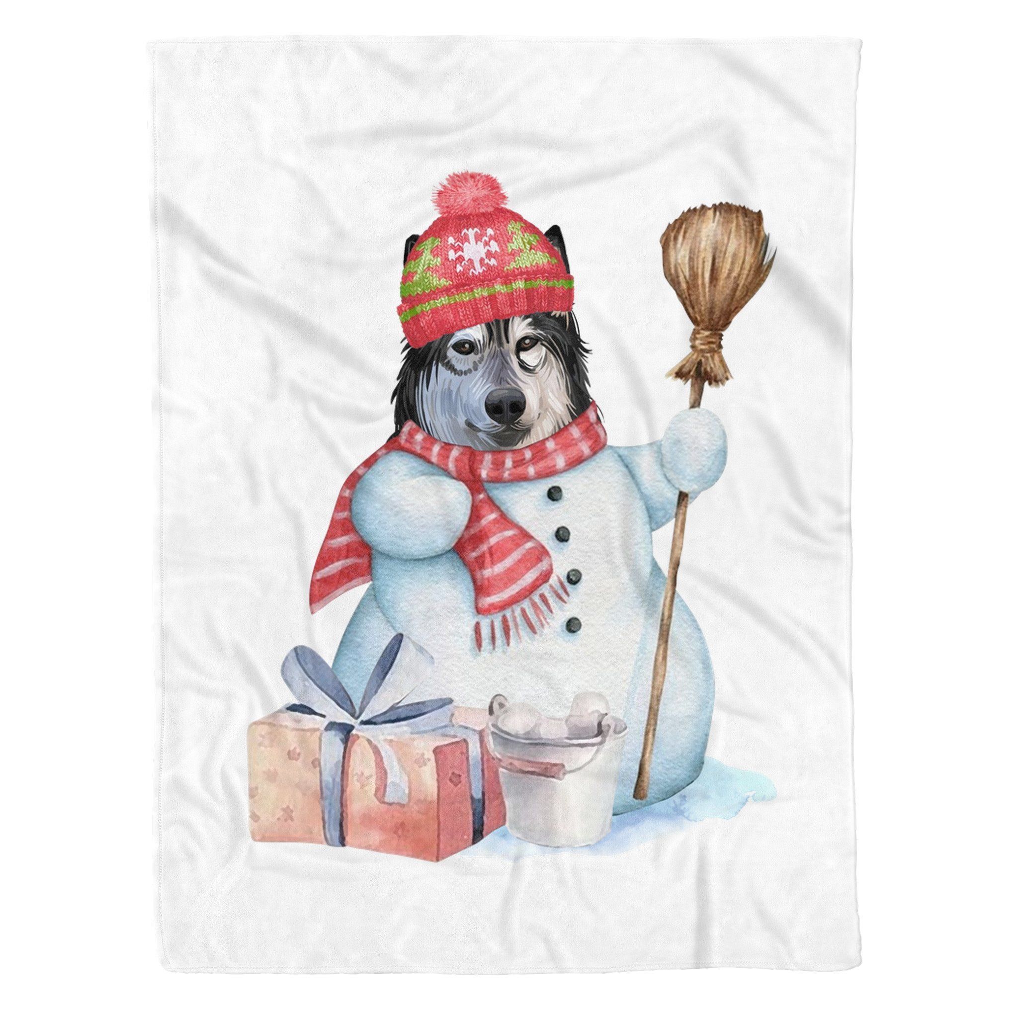Siberian Husky Snowman Christmas Sherpa Fleece Blanket