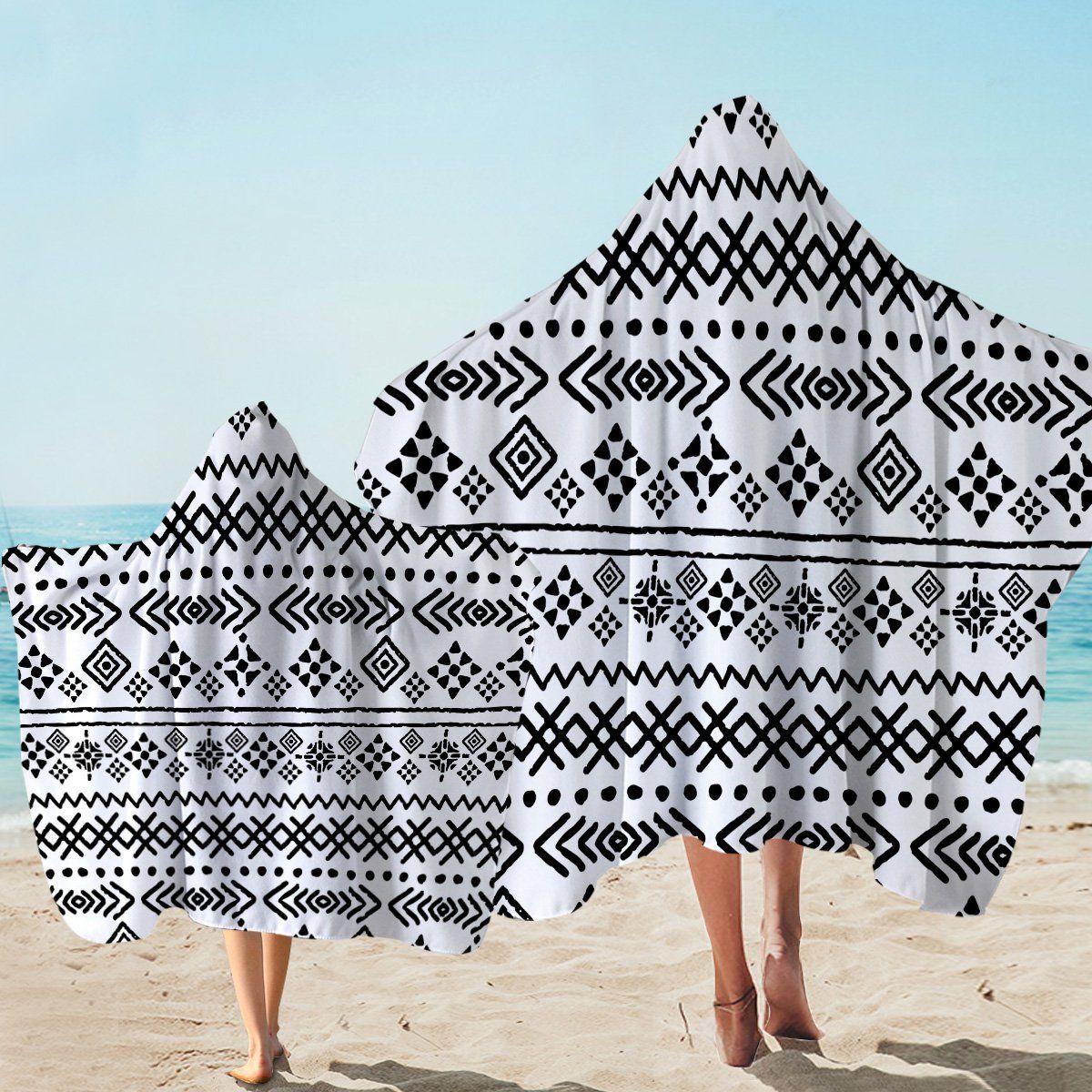 Signs And Lines Black And White Printed Hooded Towel