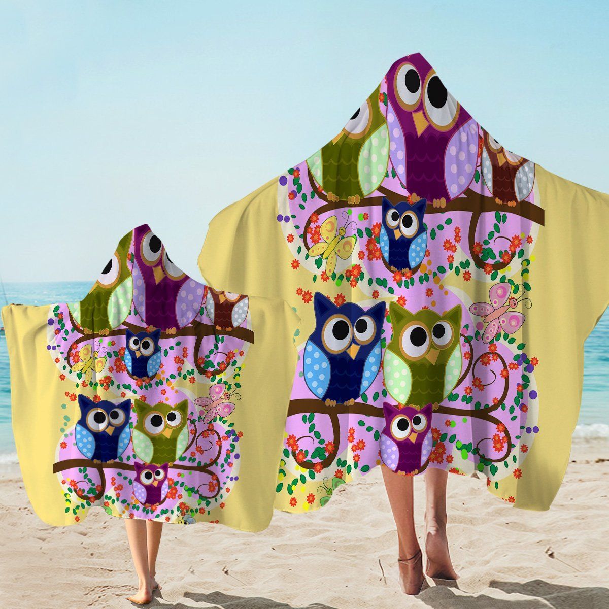 Silly Owls Couple Tan Printed Hooded Towel