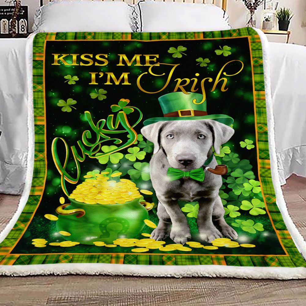 Silver Labrador Kiss Me I Am Irish St Patricks Day Fleece Blanket
