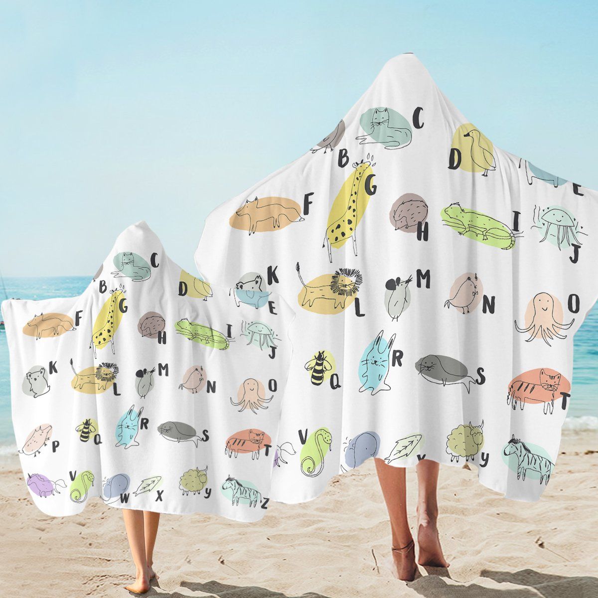 Simple Animal Alphabet On White Printed Hooded Towel