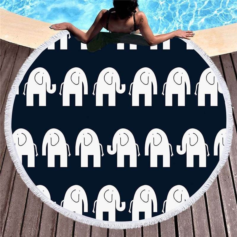 Simple Baby Elephants Black White Pattern Round Beach Towel