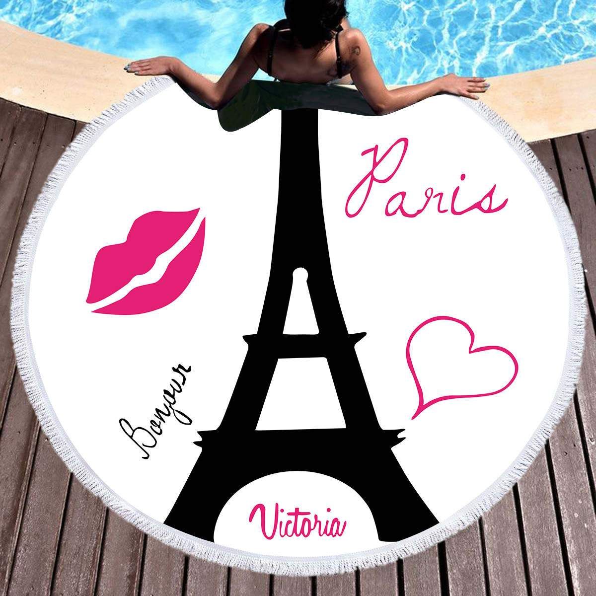 Simple Black Eiffel Tower Printed Round Beach Towel