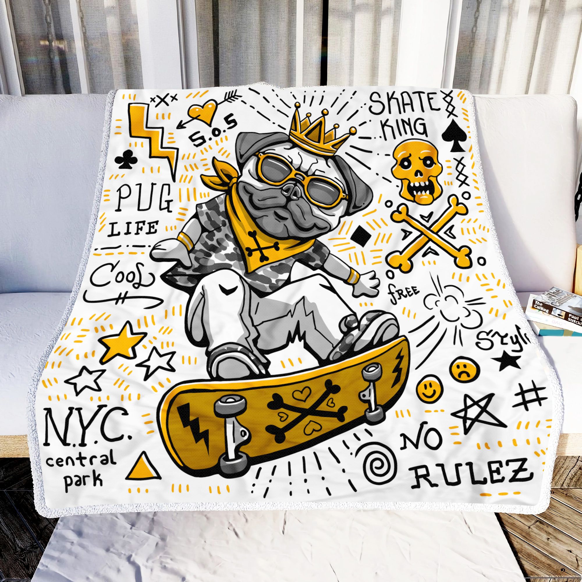 Skate King Pug Fleece Blanket