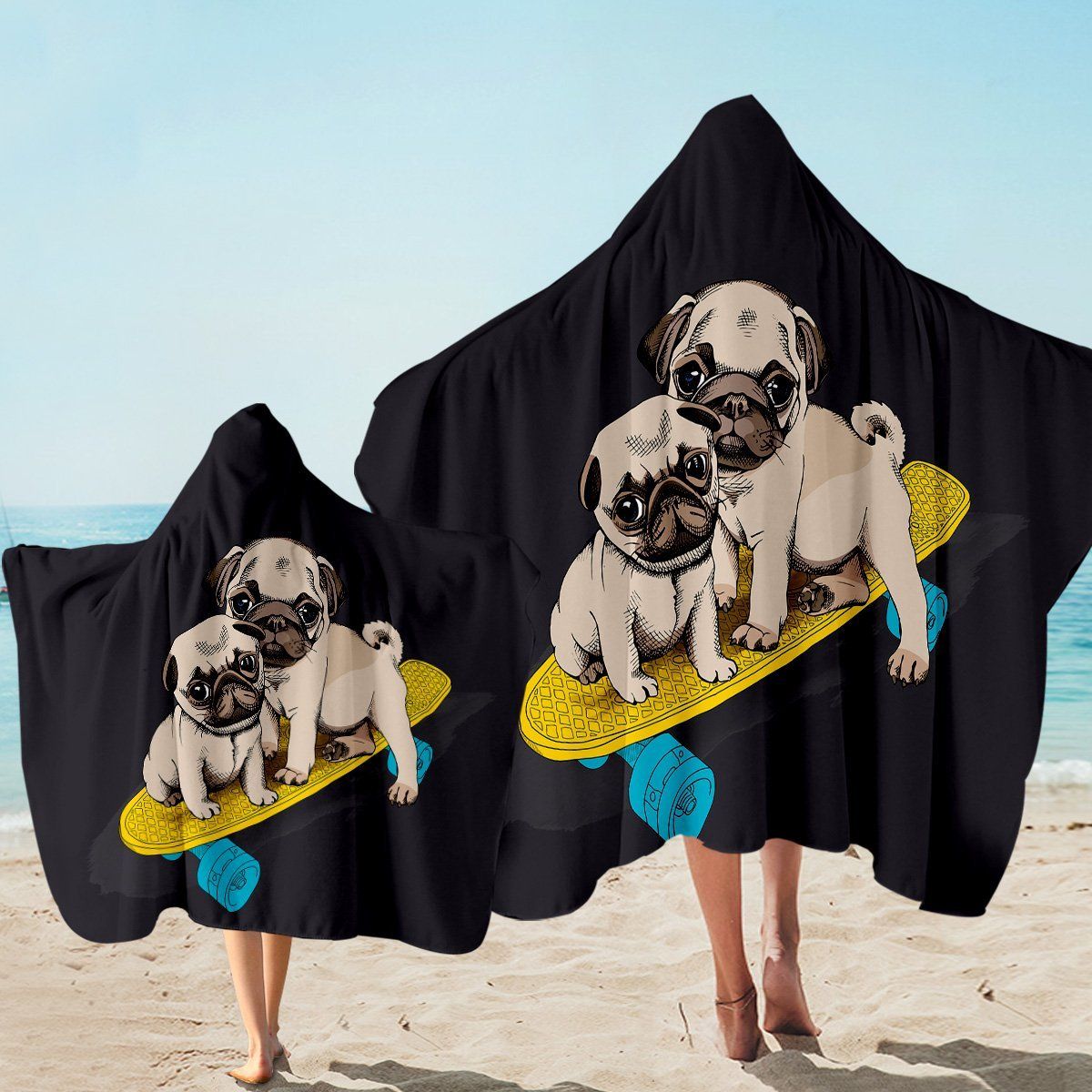 Skateboarding Pugs Black Background Printed Hooded Towel