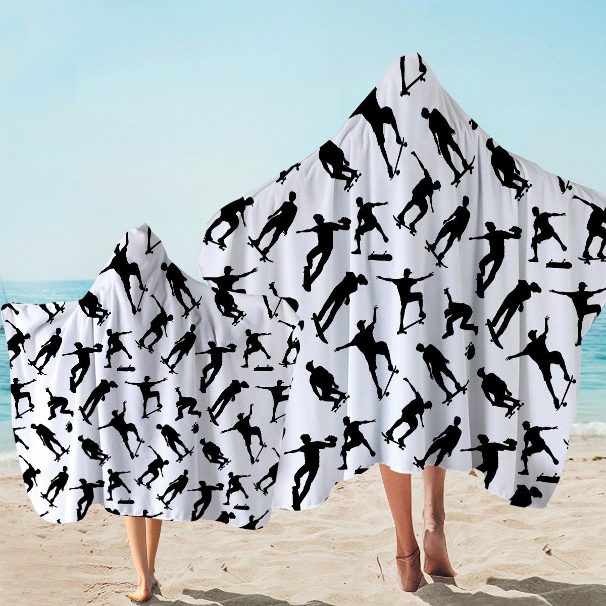 Skater Shadows Black And White Printed Hooded Towel