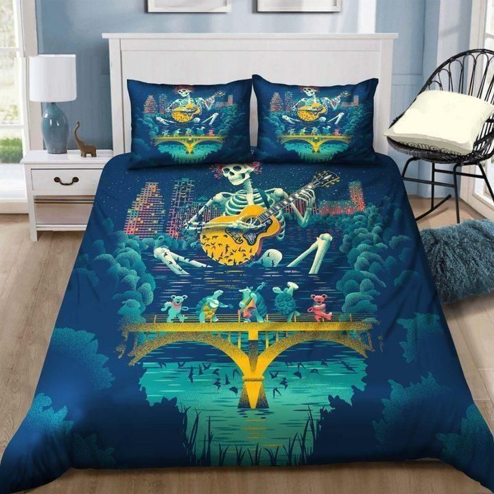 Skeleton Playing Guitar The Animals Walk On The Bridge  Bedding Set