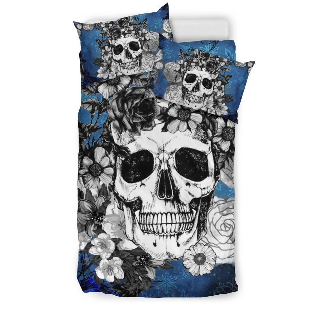 Skeleton With Rose Pattern Black And Blue Bedding Set
