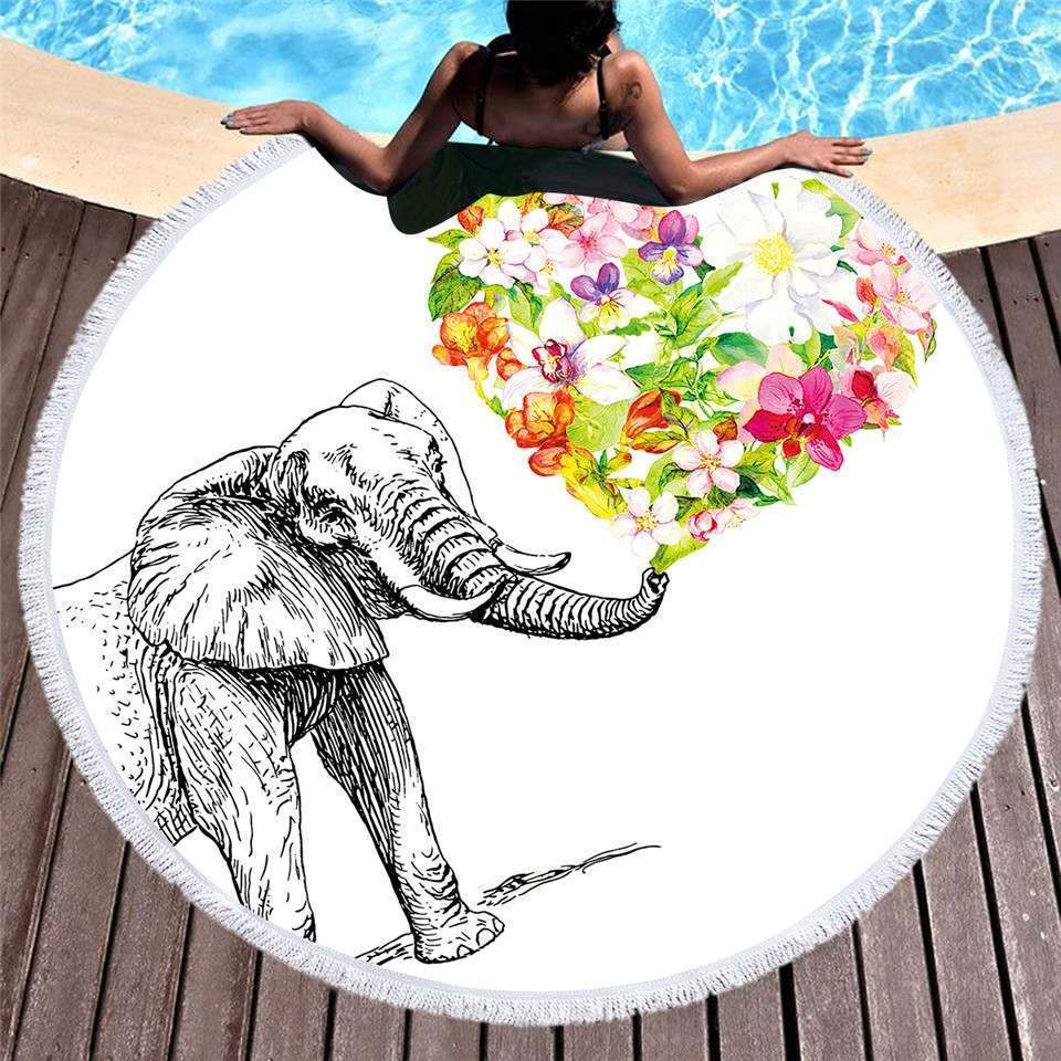 Sketch Elephant And Colorful Flowers Printed Round Beach Towel