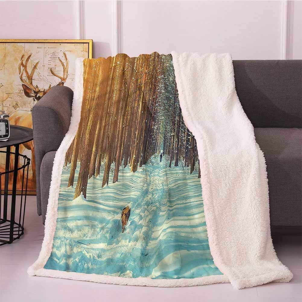 Skier Running Dog Forest Sherpa Fleece Blanket