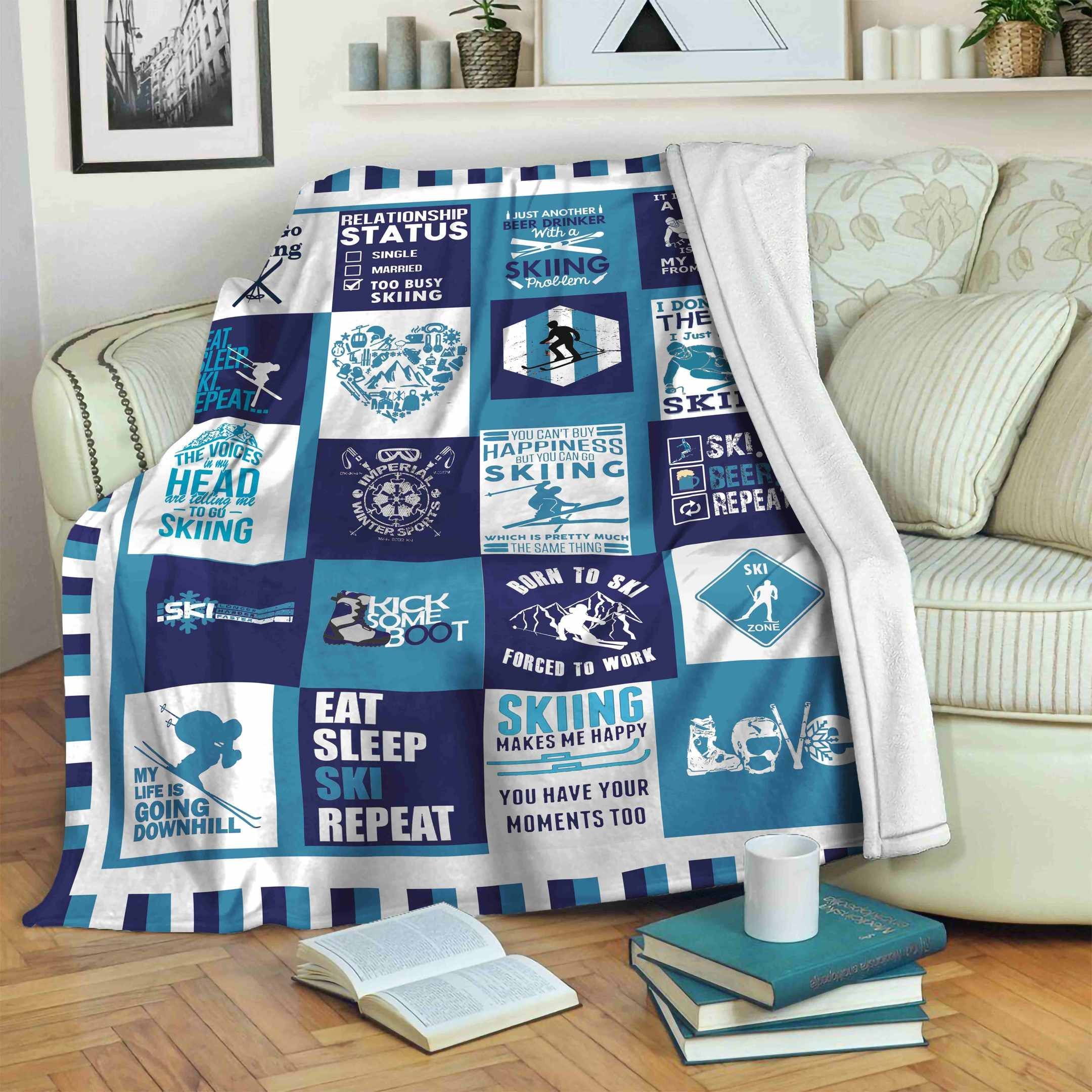 Skiing Eat Sleep Ski Repeat Sherpa Fleece Blanket