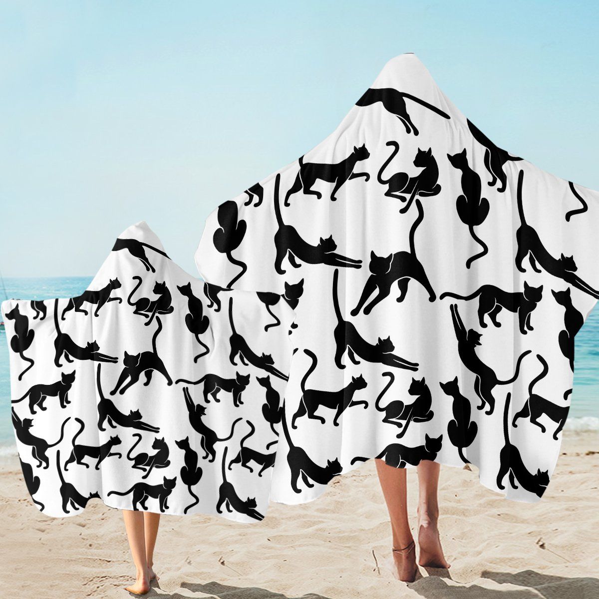 Skinny Cat Things Black And White Printed Hooded Towel