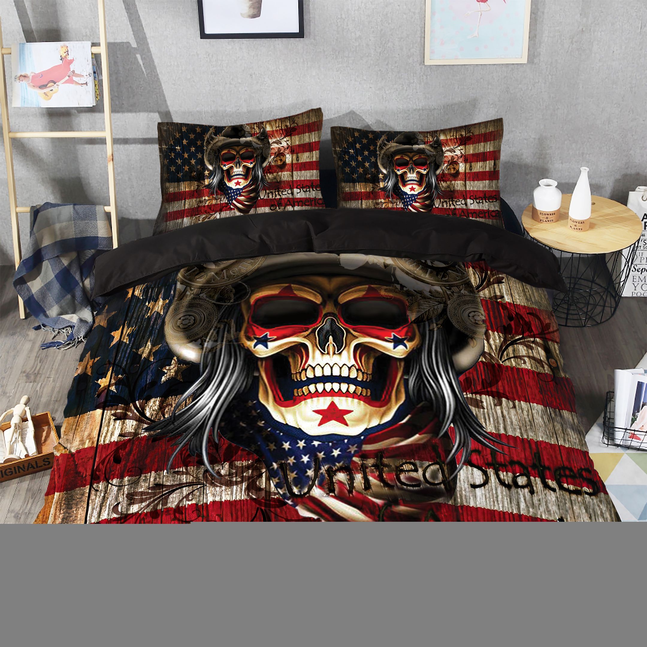 Skull American Flag Bedding Set