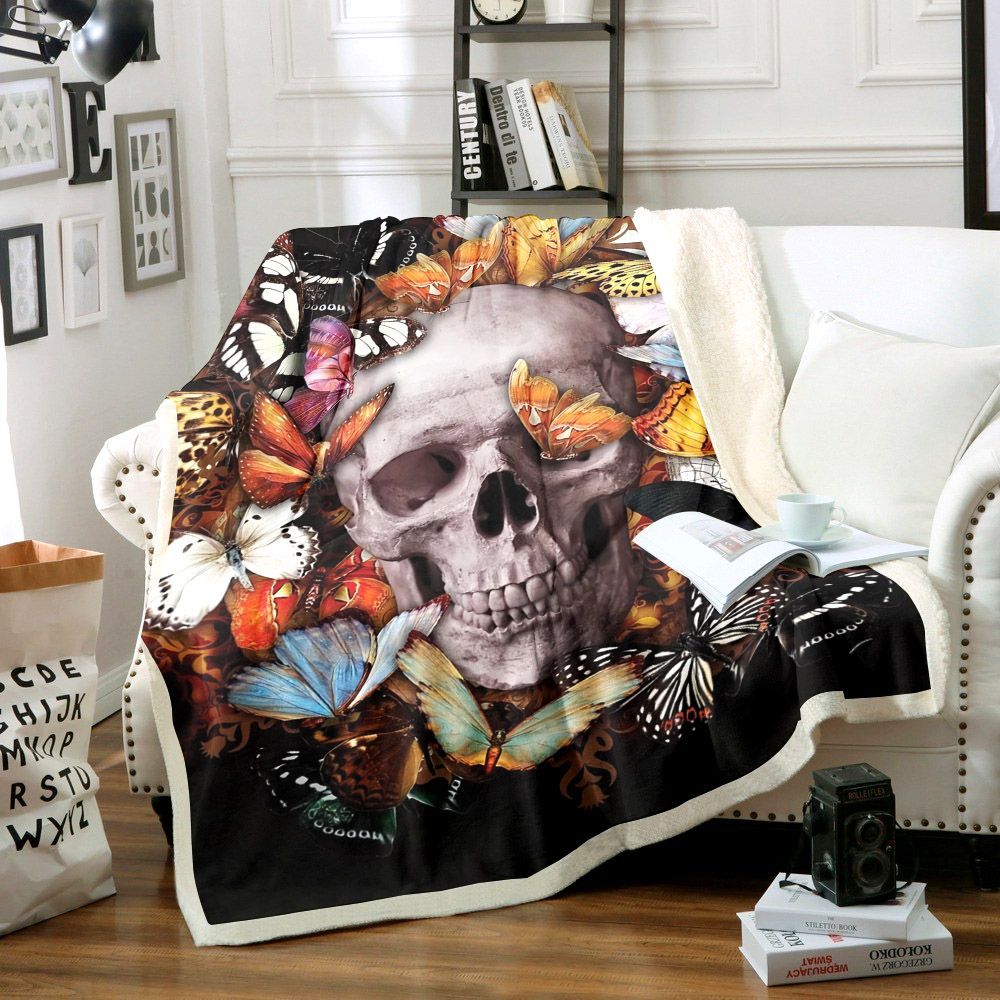 Skull And Butterfly Sherpa Fleece Blanket