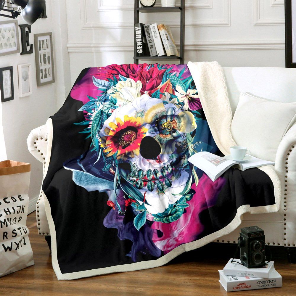 Skull And Flower Sherpa Fleece Blanket