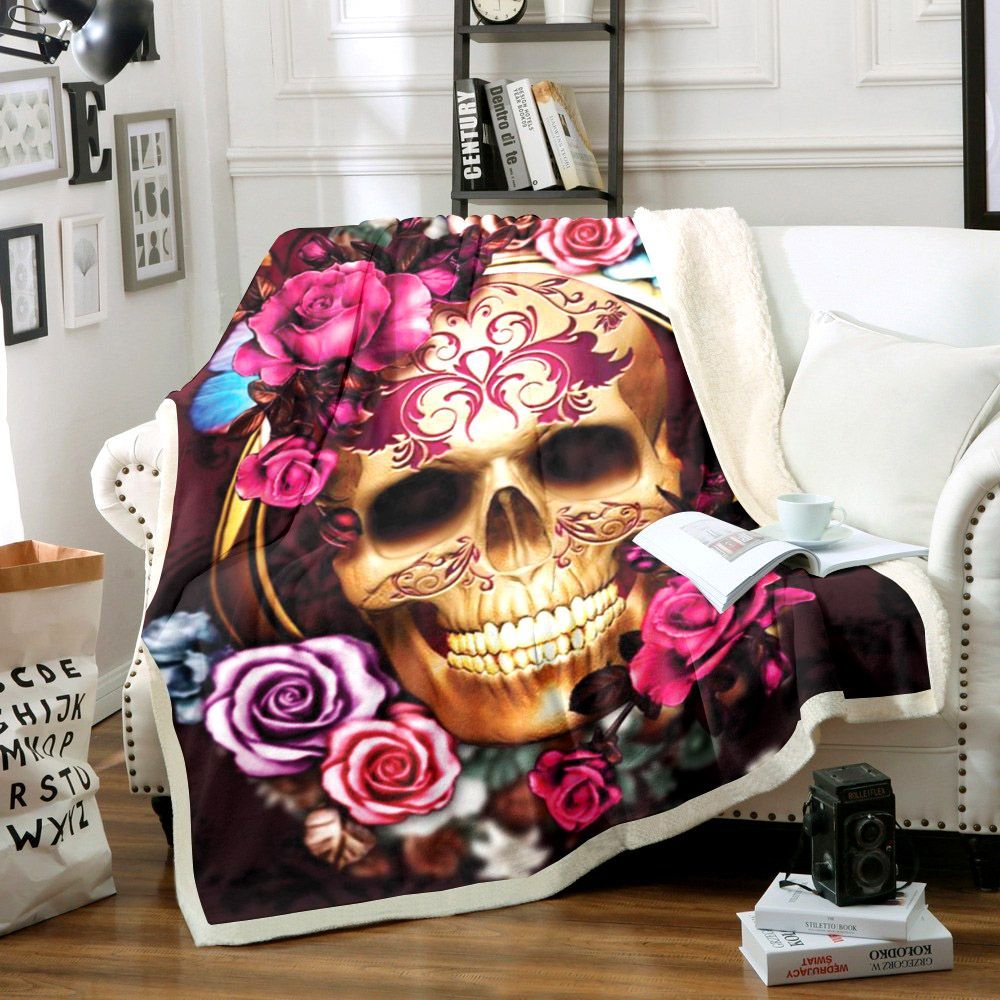 Skull And Flower Sherpa Fleece Blanket