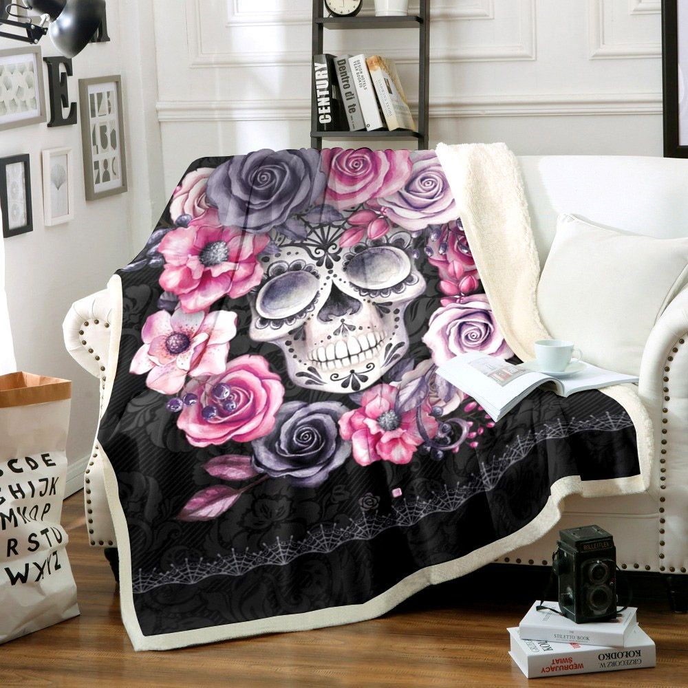 Skull And Flower Sherpa Fleece Blanket