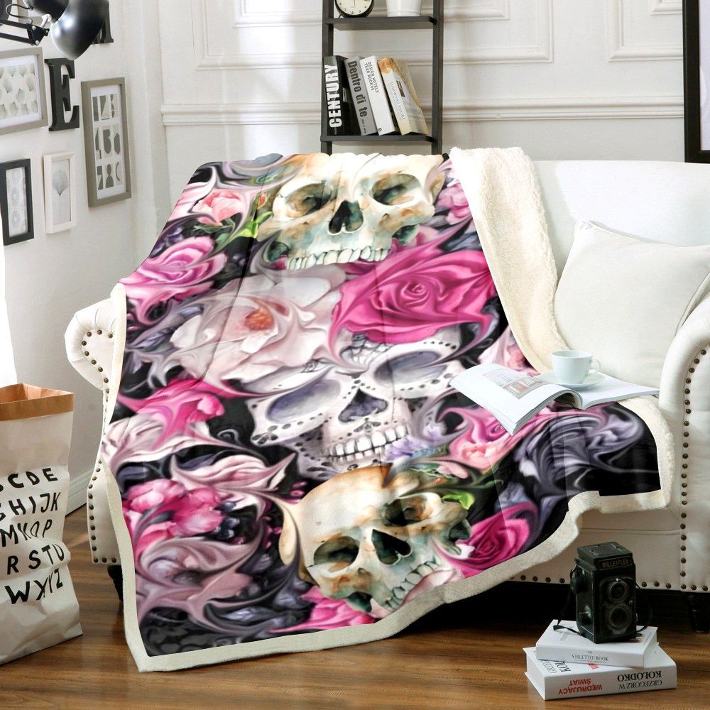 Skull And Flower Sherpa Fleece Blanket