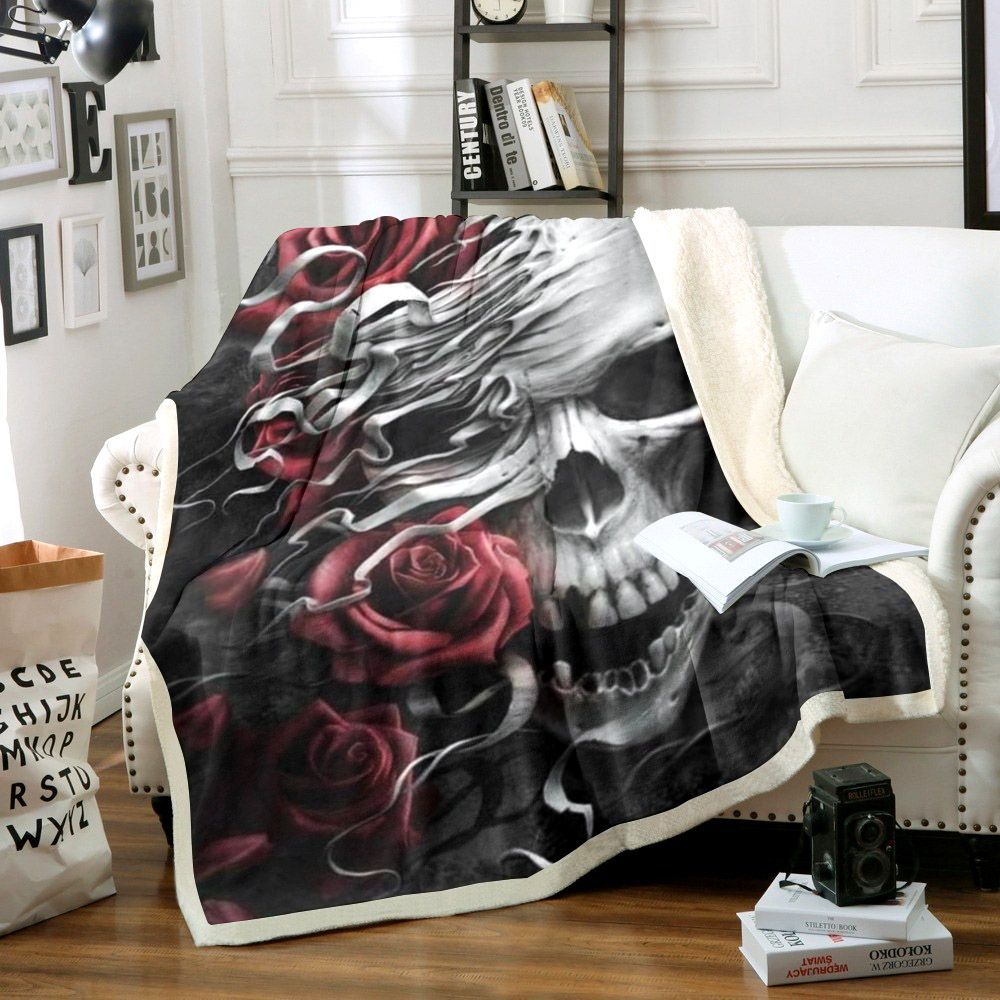Skull And Flower Sherpa Fleece Blanket