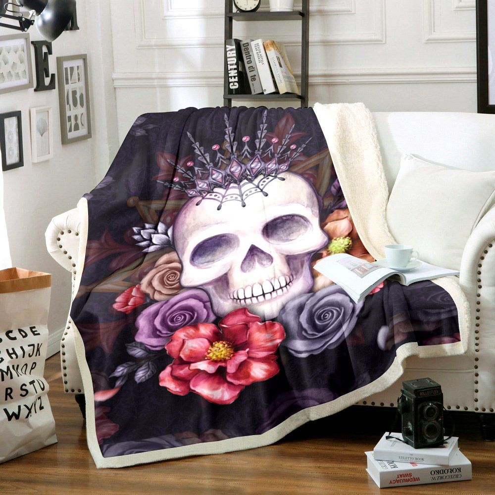 Skull And Flower Sherpa Fleece Blanket