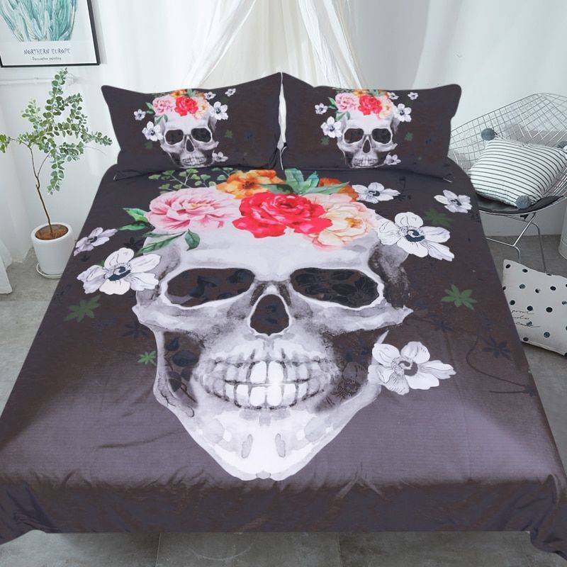 Skull And Flowers Bedding Set