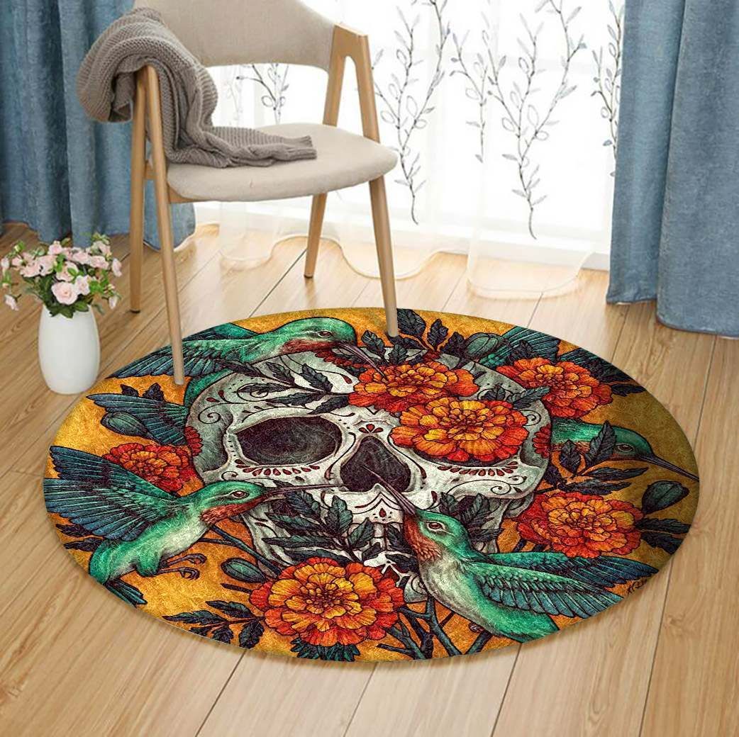Skull And Hummingbird Round Carpet