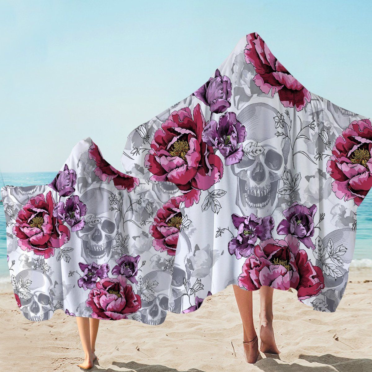 Skull And Pinkish Flower Patterns Printed Hooded Towel