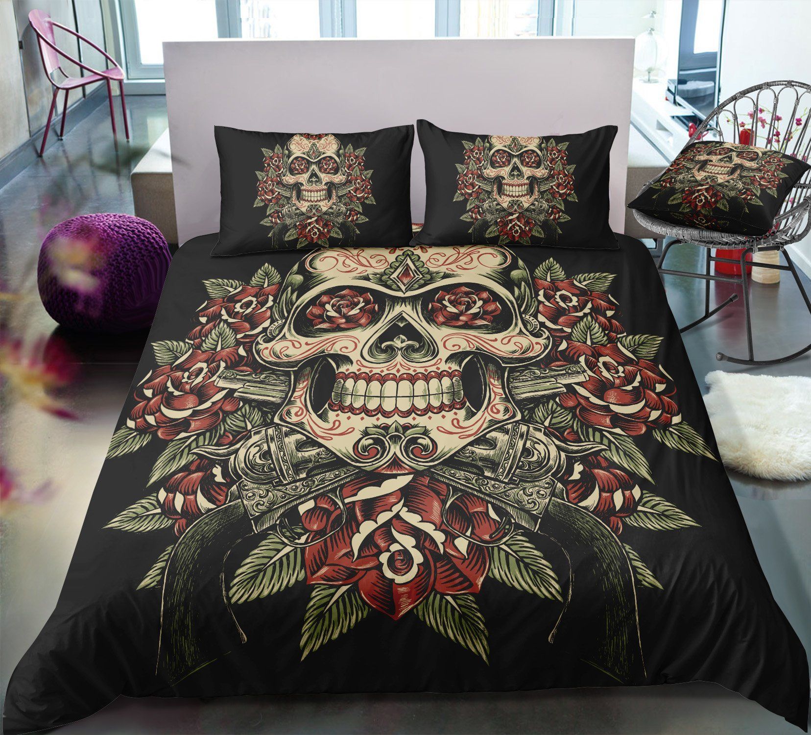 Skull And Red Flowers Bedding Set