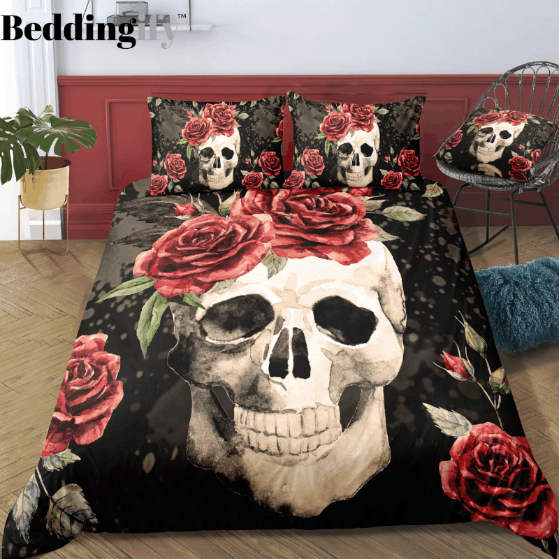 Skull And Red Rose Bedding Set