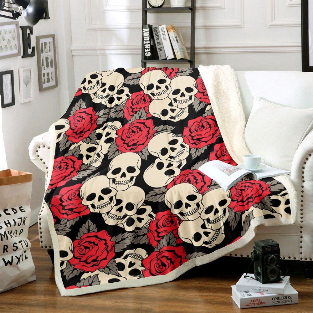 Skull And Rose Sherpa Fleece Blanket