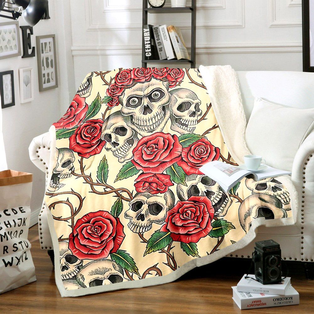 Skull And Rose Sherpa Fleece Blanket