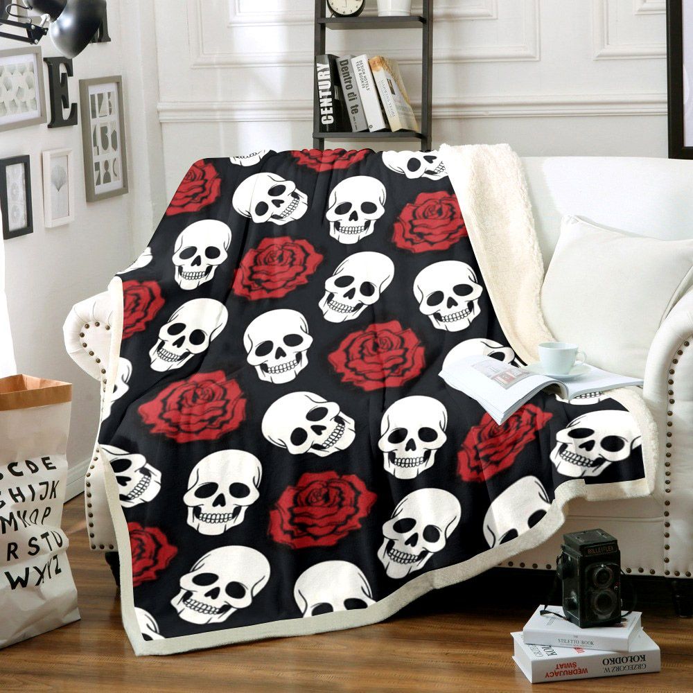 Skull And Rose Sherpa Fleece Blanket