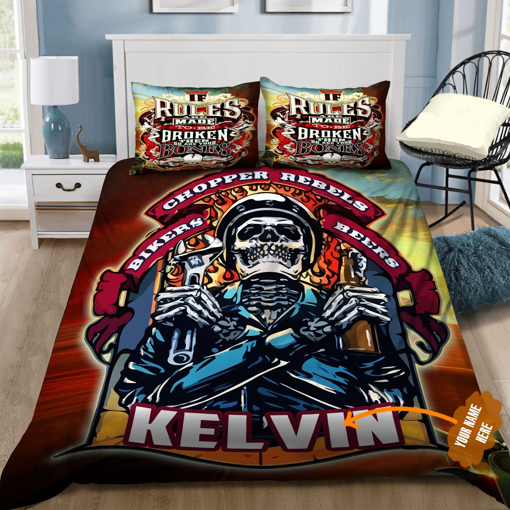 Skull Biker Personalized Bedding Set