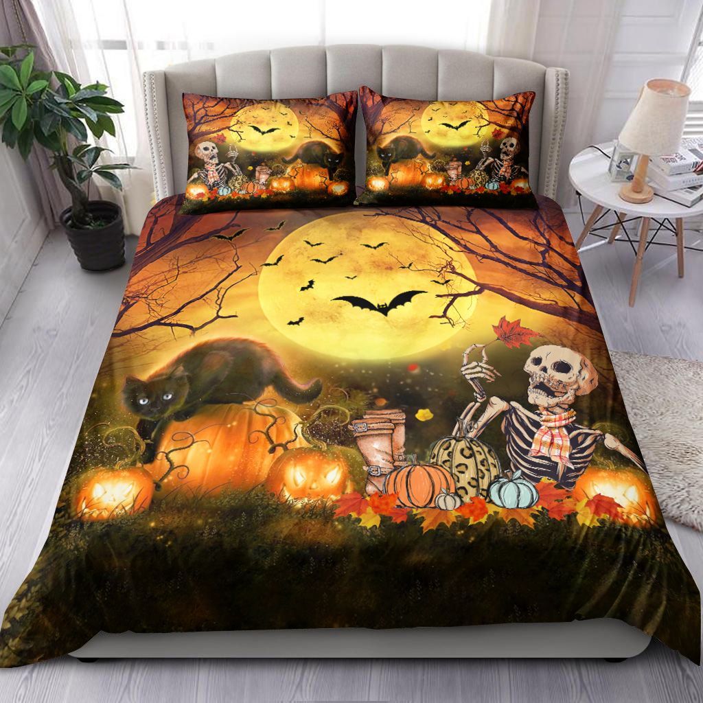 Skull Black Cat Halloween Bedding Set