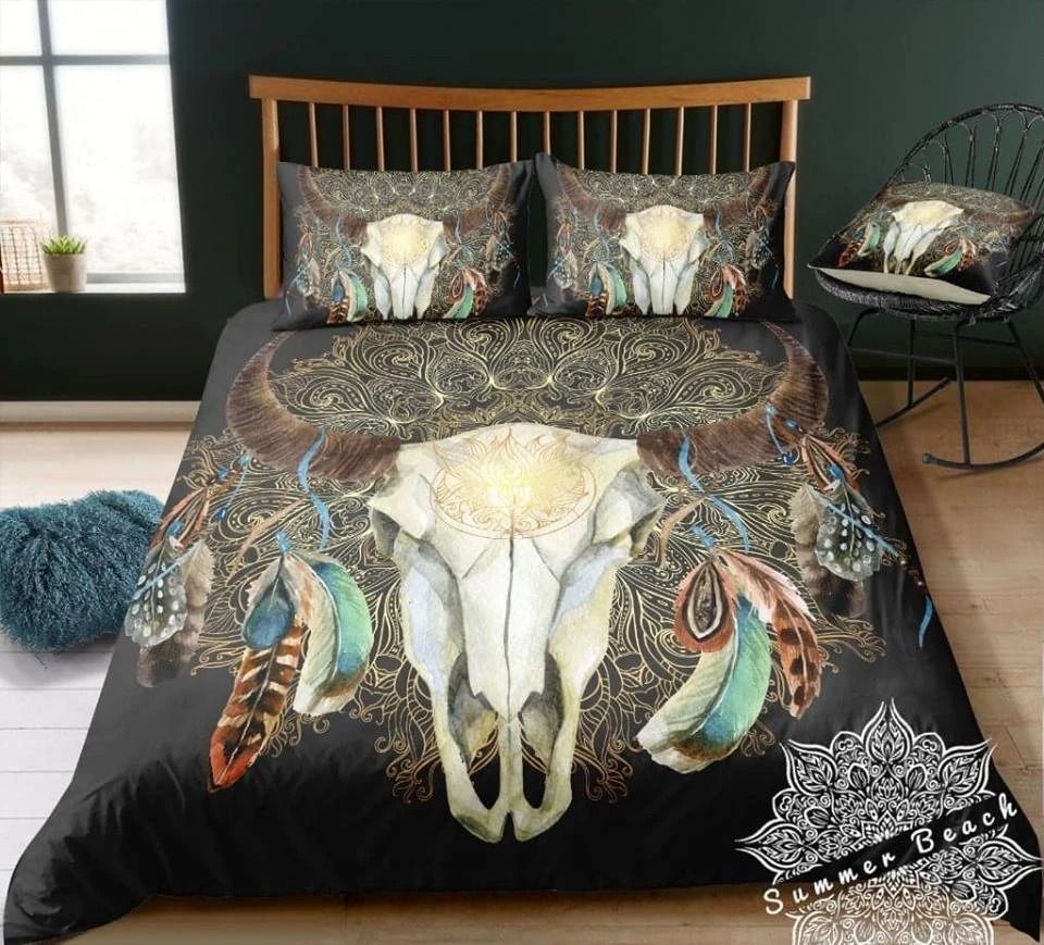 Skull Feather Black Bedding Set