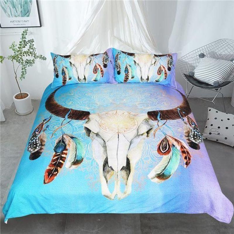 Skull Feathers Floral Buffalo Printed Bedding Set