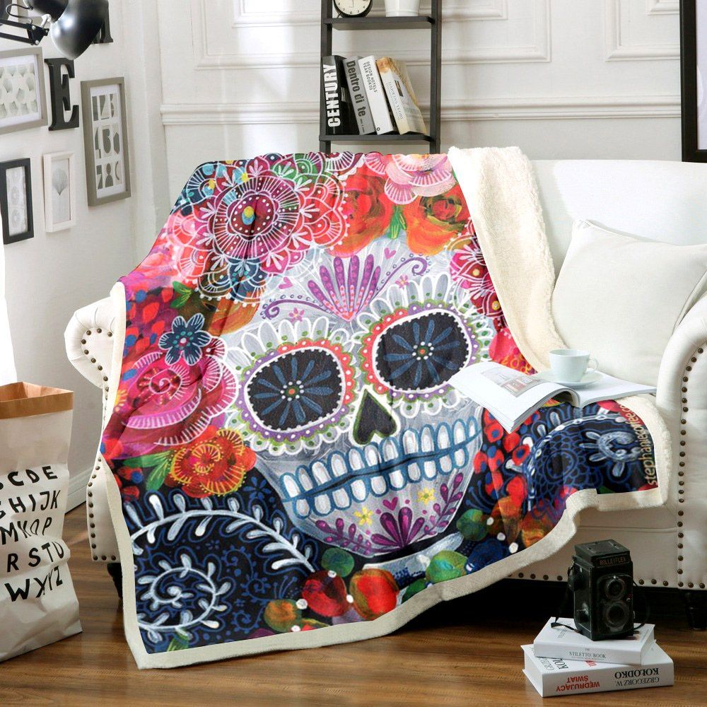 Skull Floral Sherpa Fleece Blanket